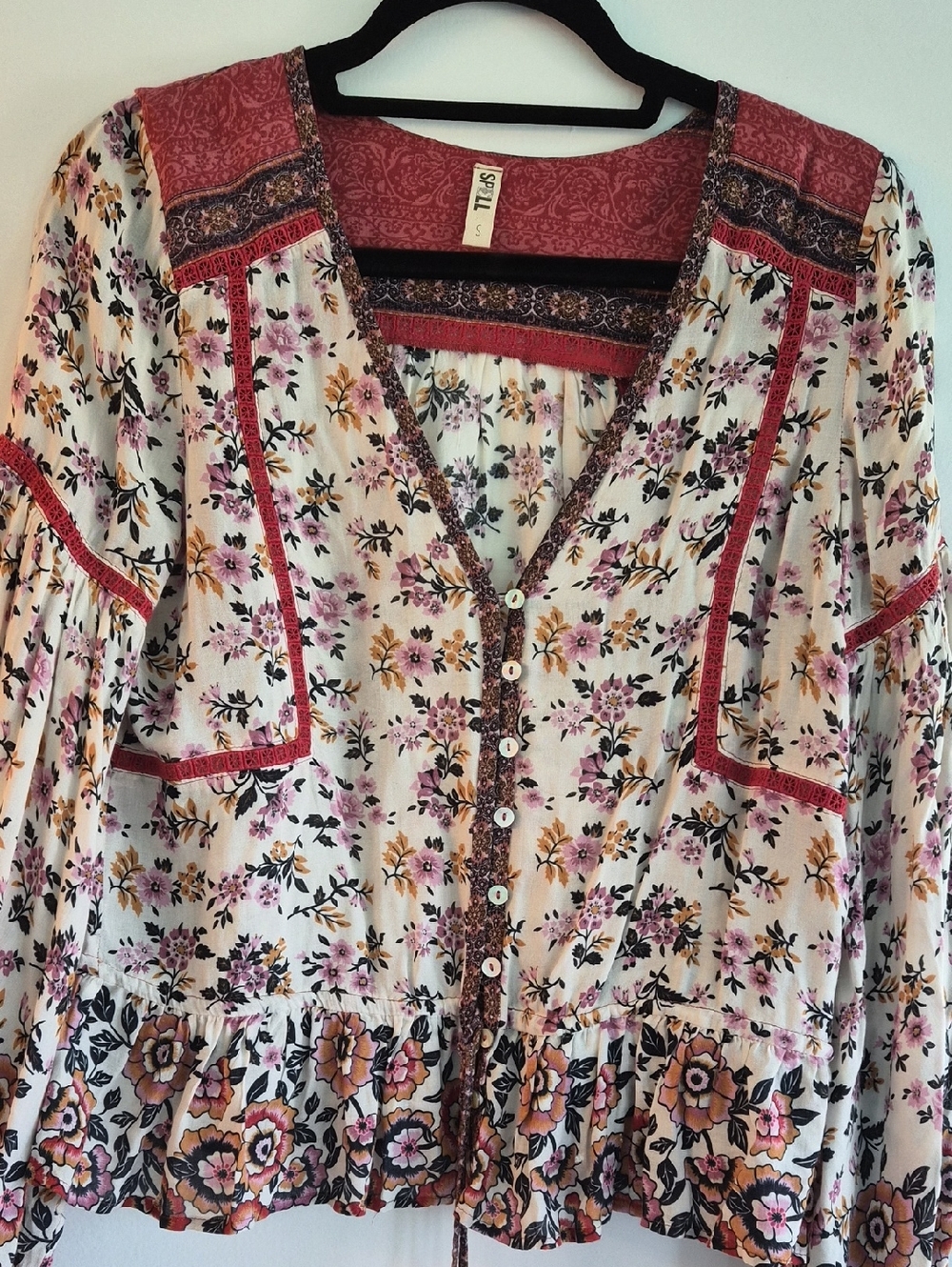Spell Boho Elle In Red Floral Button-Front Blouse